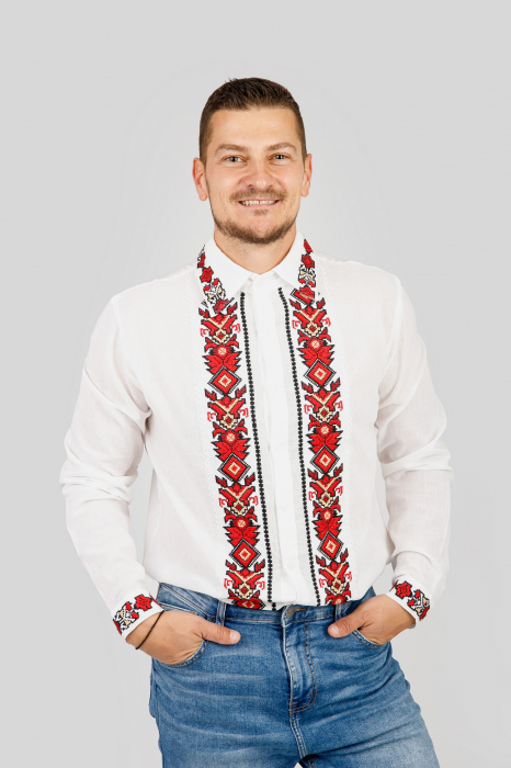 Camasa barbateasca traditionala alba cu motiv geometric rosu Ovidiu 03