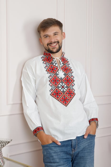 Camasa barbateasca traditionala alba cu motiv geometric rosu Raul