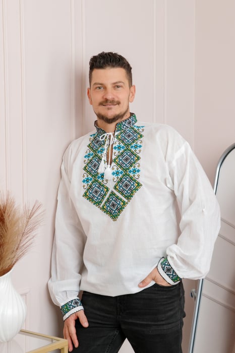 Camasa barbateasca traditionala alba cu motiv geometric turcoaz Andreas