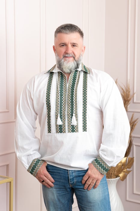 Camasa barbateasca traditionala alba cu motiv geometric verde Horia 03