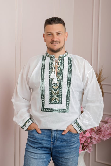 Camasa barbateasca traditionala alba cu motiv geometric verde Matei