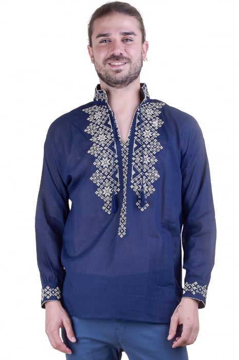 Camasa barbateasca traditionala albastra cu motiv geometric crem Albert
