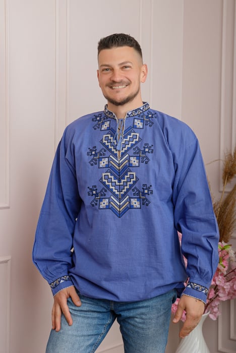 Camasa barbateasca traditionala albastra cu motiv geometric crem Eduard 04