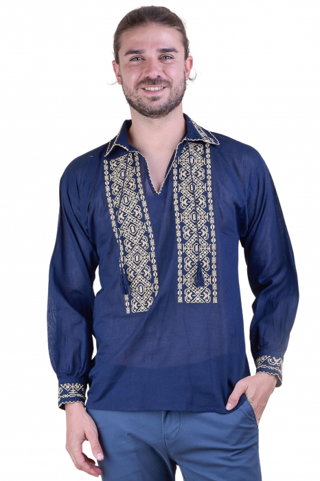 Camasa barbateasca traditionala albastra cu motiv geometric crem Iulian 01