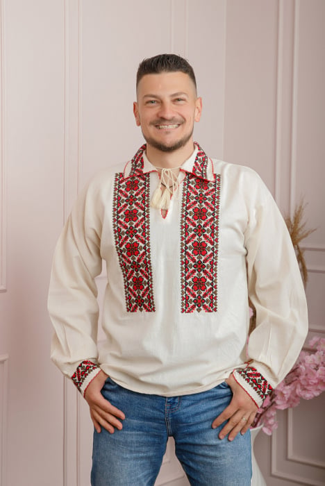 Camasa barbateasca traditionala crem cu motiv floral rosu Iosif 02