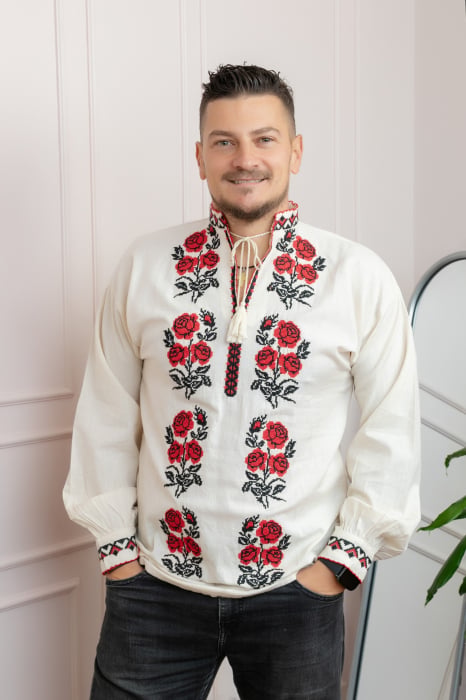 Camasa barbateasca traditionala crem cu motiv floral rosu Matias