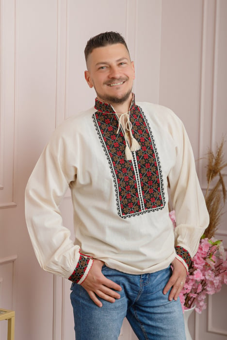 Camasa barbateasca traditionala crem cu motiv floral rosu Radu