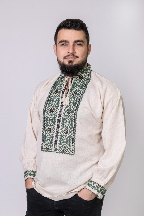 Camasa barbateasca traditionala crem cu motiv floral verde Paul 02