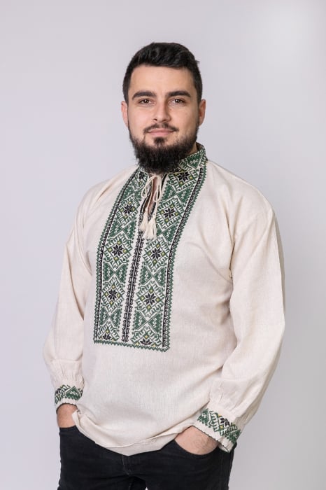 Camasa barbateasca traditionala crem cu motiv floral verde Paul 02