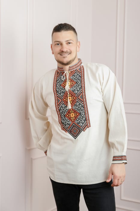 Camasa barbateasca traditionala crem cu motiv geometric orange Fabian