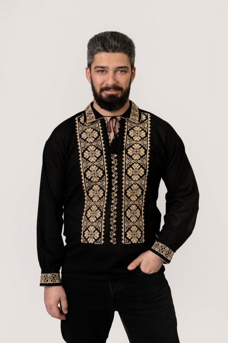 Camasa barbateasca traditionala neagra cu motiv geometric crem Bogdan 01