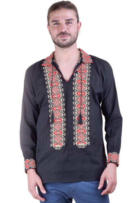 Camasa barbateasca traditionala neagra cu motiv geometric multicolor Constantin