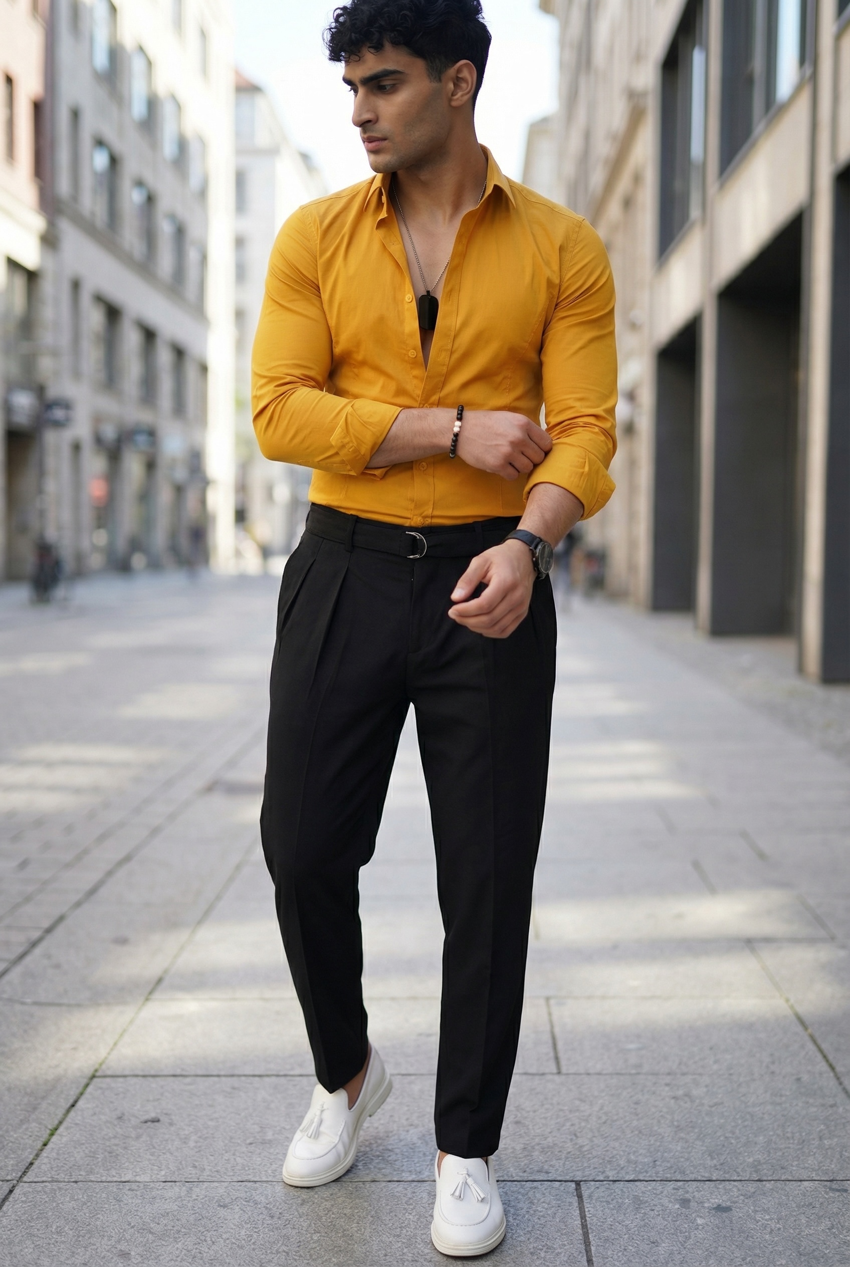 Camasa barbati slim fit mustar B8816