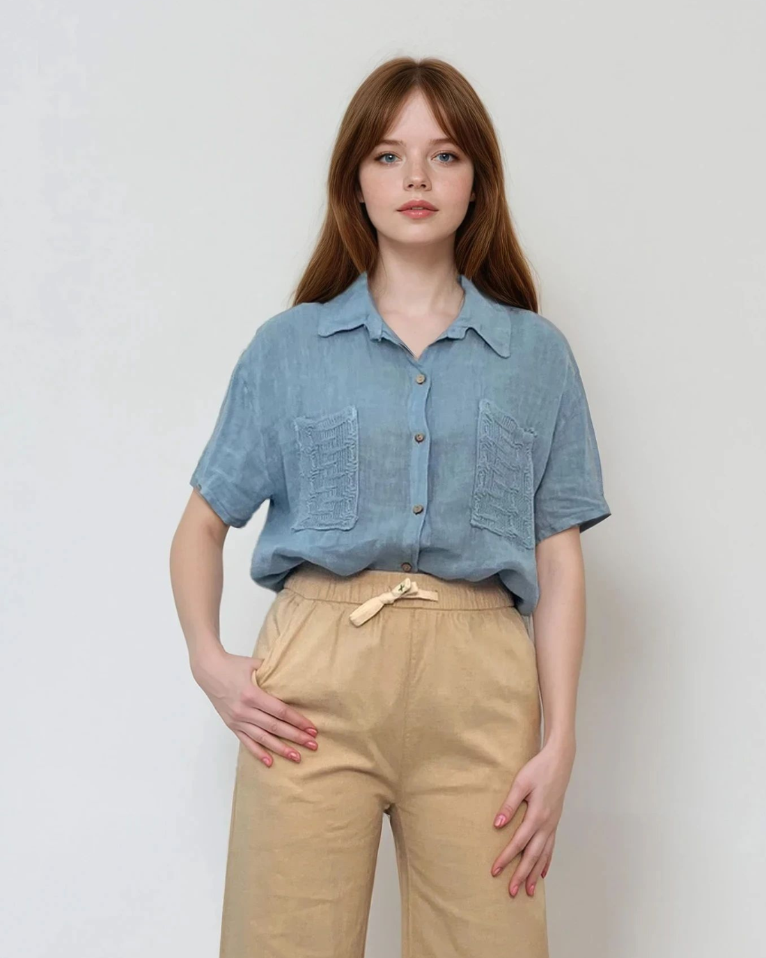 Cămașă cu broderie și mânecă scurtă bleu - Unica S-L