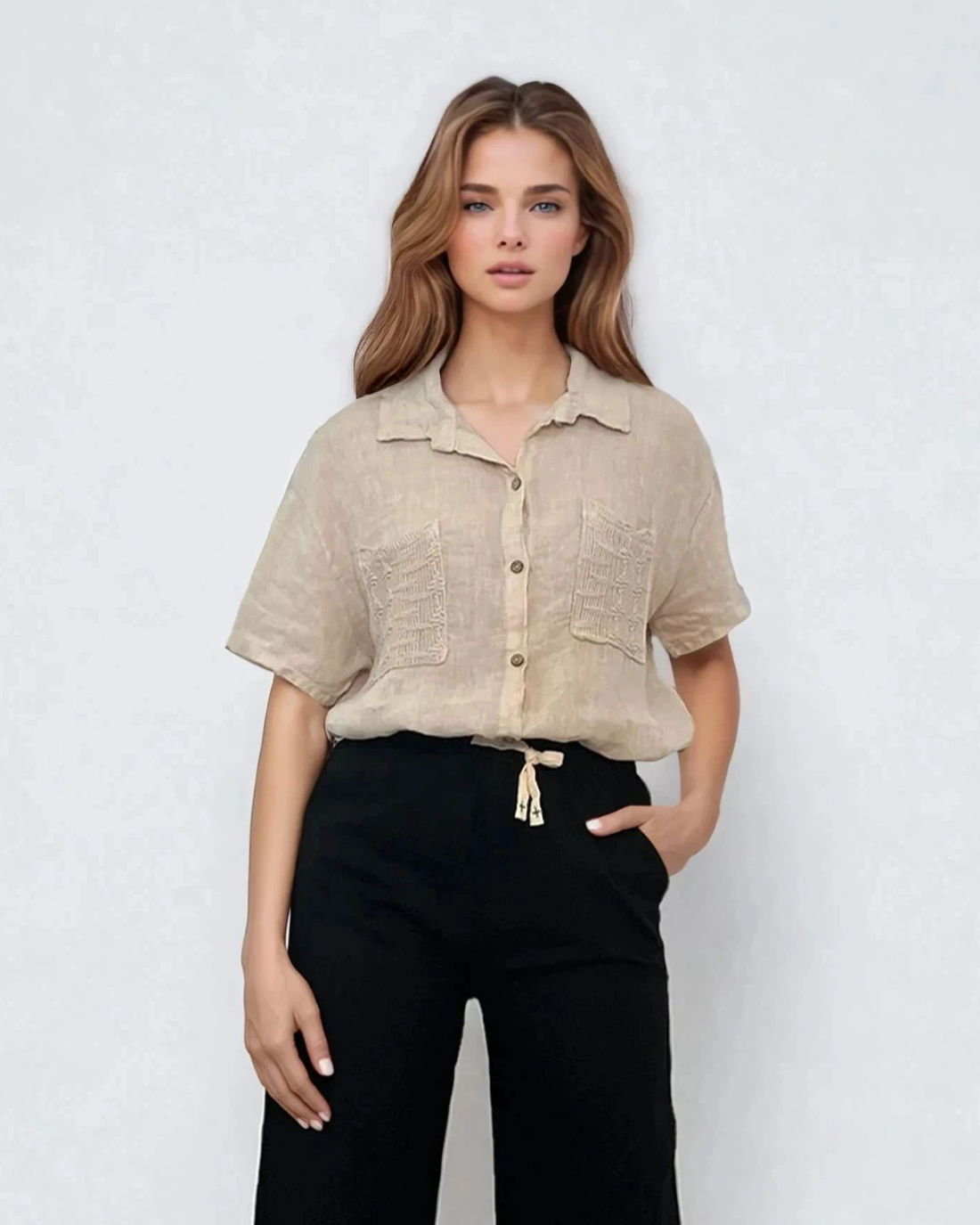 Cămașă cu broderie și mânecă scurtă crem - Unica S-L