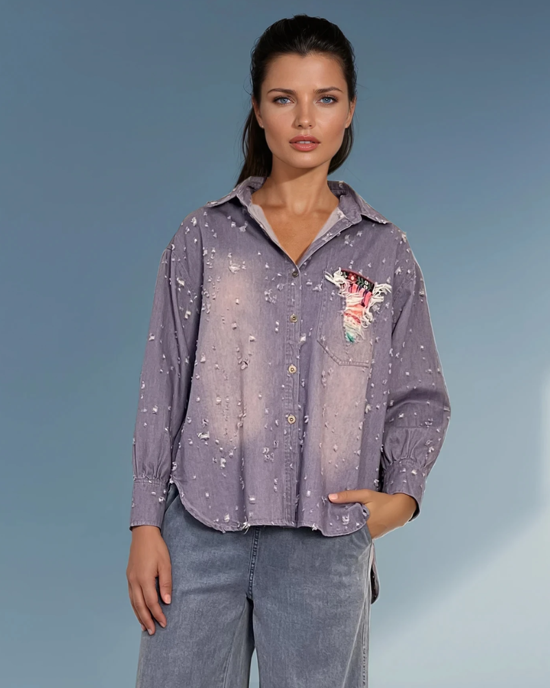 Cămașă damă stil jeans cu buzunar colorat mov - Unica S-L