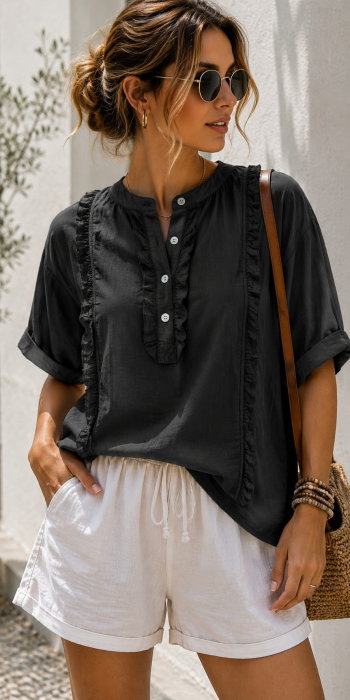 Camasa din bumbac cu volane decorative si nasturi, neagra