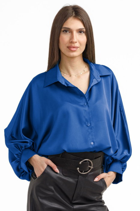 Camasa eleganta din satin, cu maneci bufante, albastra