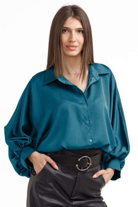 Camasa eleganta din satin, cu maneci bufante, turcoaz inchis
