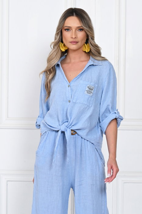 Camasa masura mare, din in, cu nod in fata, bleu