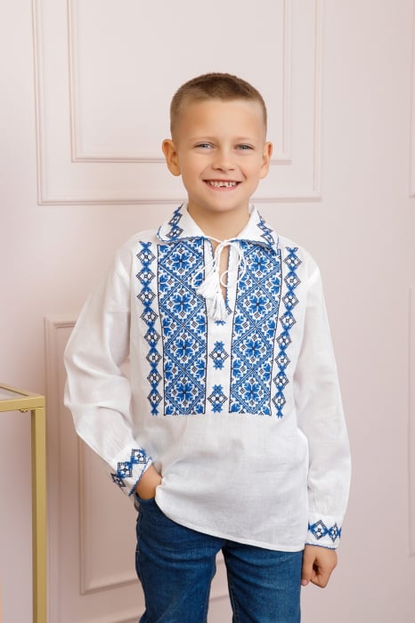 Camasa traditionala de baieti alba cu motiv floral albastru Codin