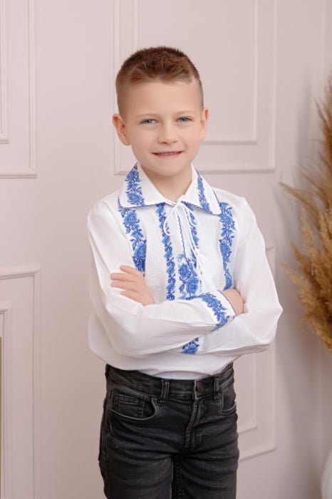 Camasa traditionala de baieti alba cu motiv floral albastru Cristian 02