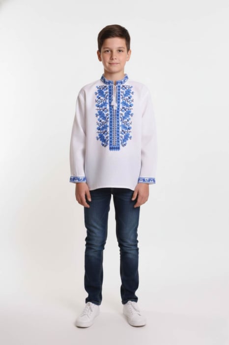 Camasa traditionala de baieti alba cu motiv floral albastru Razvan 01