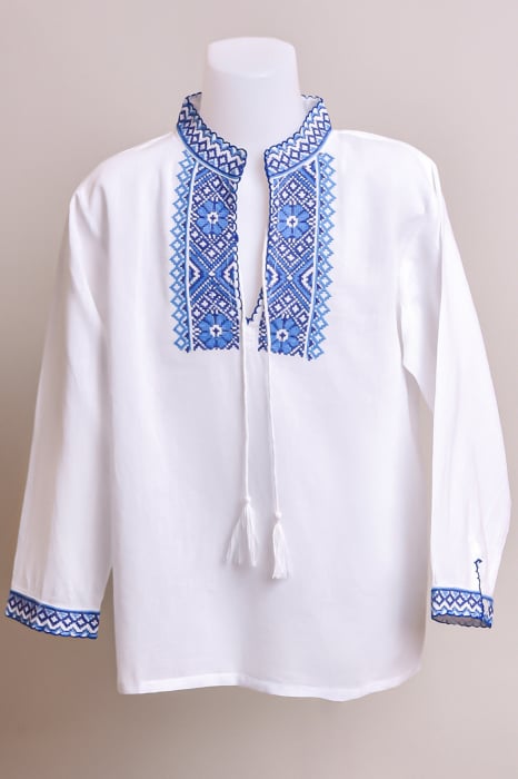 Camasa traditionala de baieti alba cu motiv floral albastru Robert 01