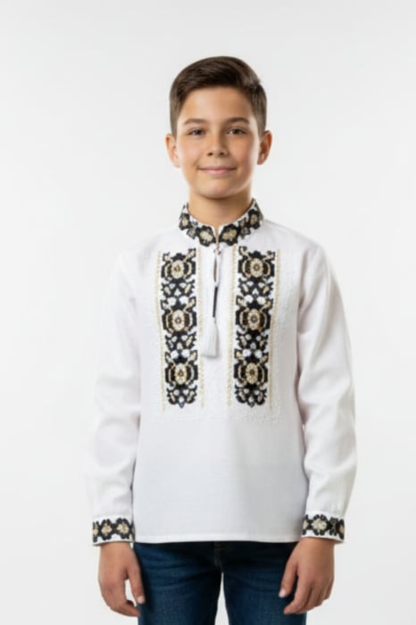 Camasa traditionala de baieti alba cu motiv floral bicolor Octavian