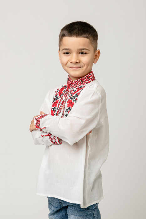 Camasa traditionala de baieti alba cu motiv floral rosu Dominic 03