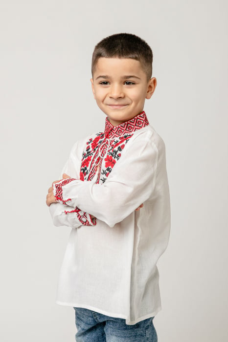 Camasa traditionala de baieti alba cu motiv floral rosu Dominic 03