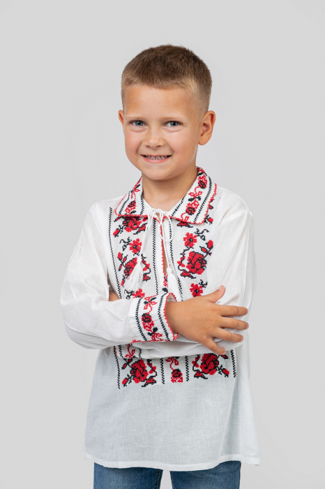 Camasa traditionala de baieti alba cu motiv floral rosu Liviu 02