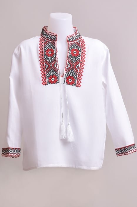 Camasa traditionala de baieti alba cu motiv floral rosu Robert 02