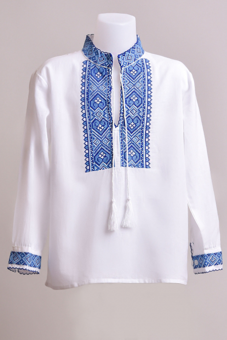 Camasa traditionala de baieti alba cu motiv geometric albastru Damian 02
