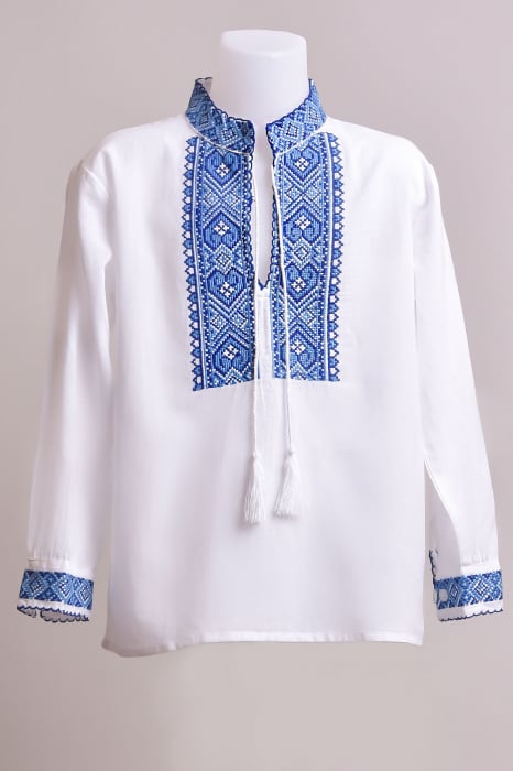Camasa traditionala de baieti alba cu motiv geometric albastru Damian 02