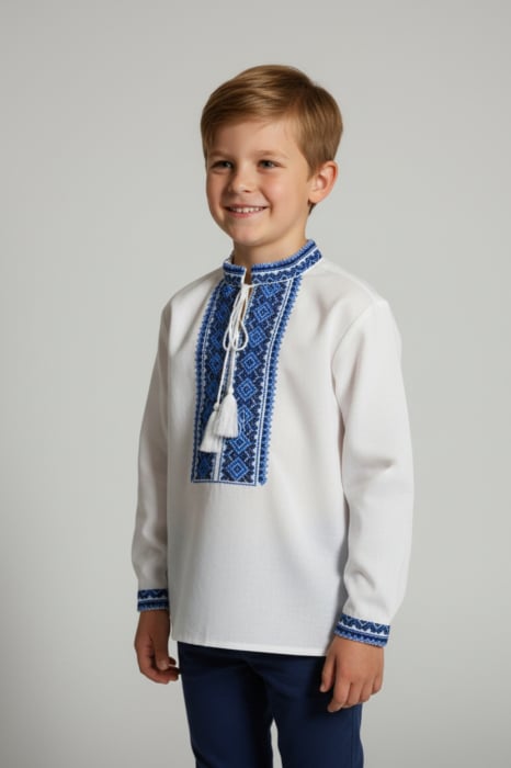 Camasa traditionala de baieti alba cu motiv geometric albastru Daniel 02