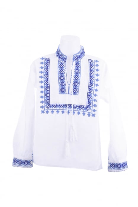 Camasa traditionala de baieti alba cu motiv geometric albastru Florian