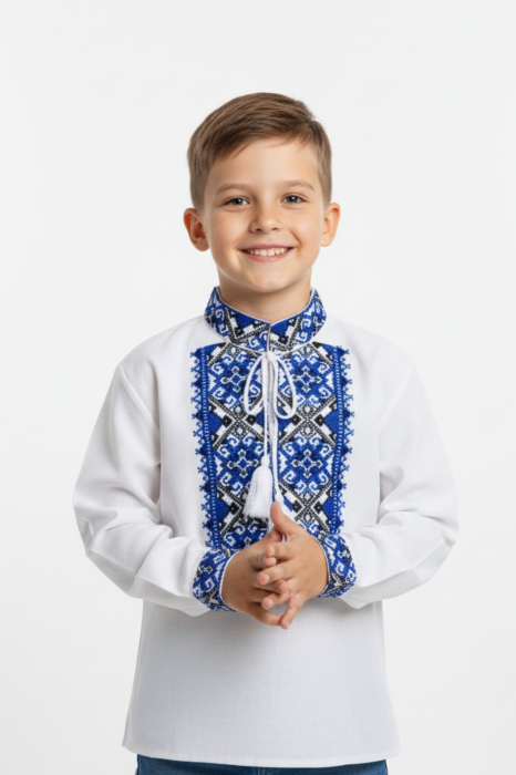 Camasa traditionala de baieti alba cu motiv geometric albastru Ioan