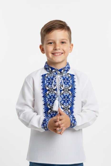 Camasa traditionala de baieti alba cu motiv geometric albastru Ioan