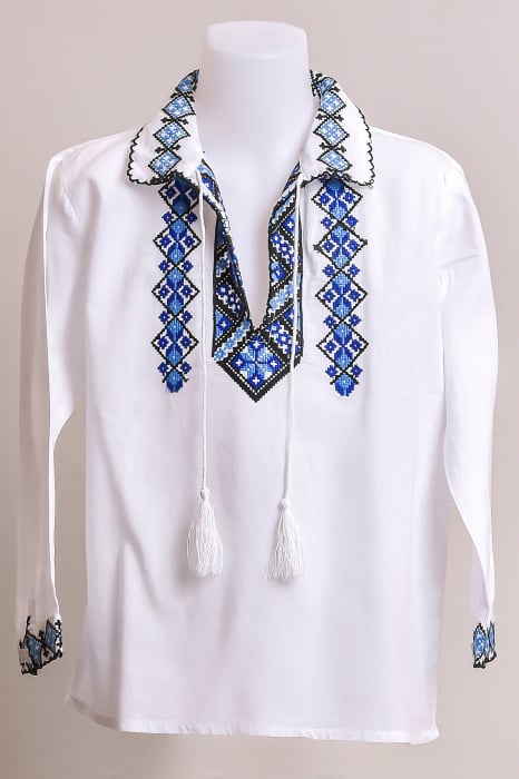 Camasa traditionala de baieti alba cu motiv geometric albastru Teodor 01