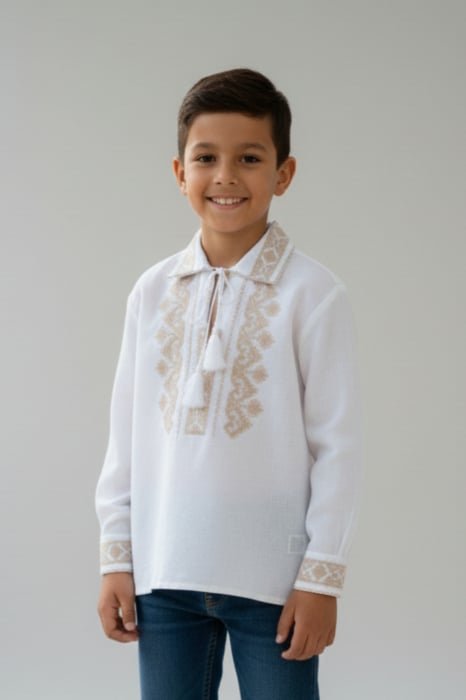Camasa traditionala de baieti alba cu motiv geometric crem Alexandru 04