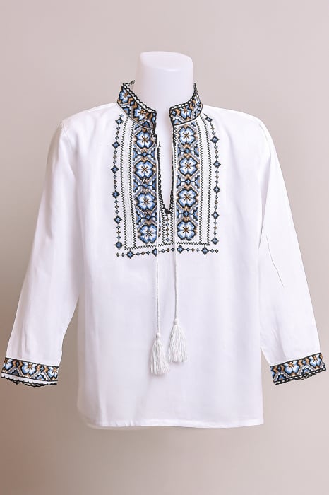 Camasa traditionala de baieti alba cu motiv geometric multicolor Vlad