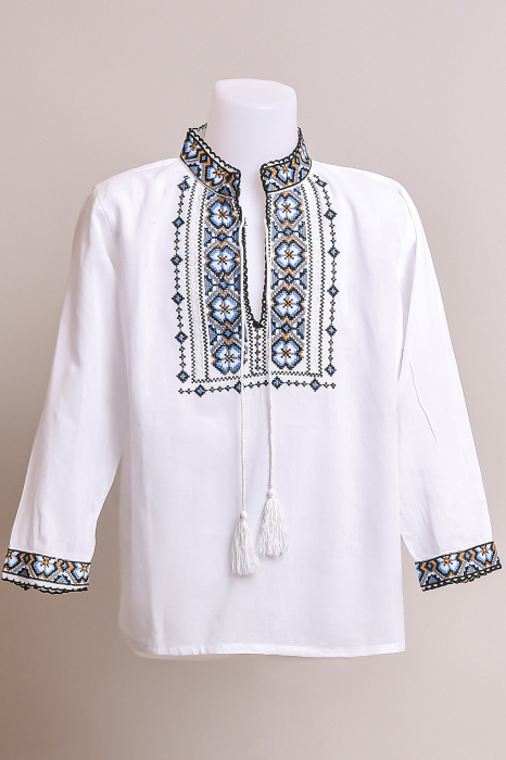 Camasa traditionala de baieti alba cu motiv geometric multicolor Vlad