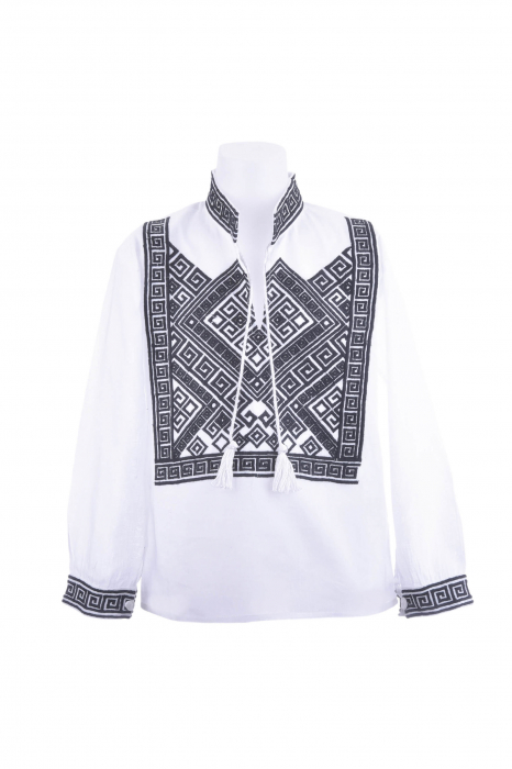 Camasa traditionala de baieti alba cu motiv geometric negru Rares 01