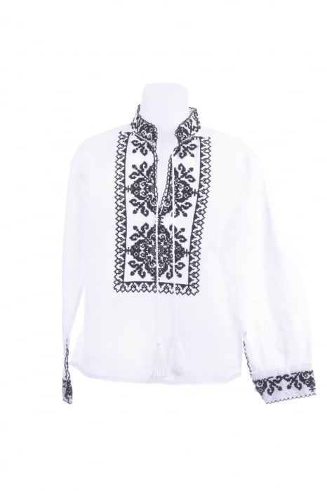 Camasa traditionala de baieti alba cu motiv geometric negru Traian