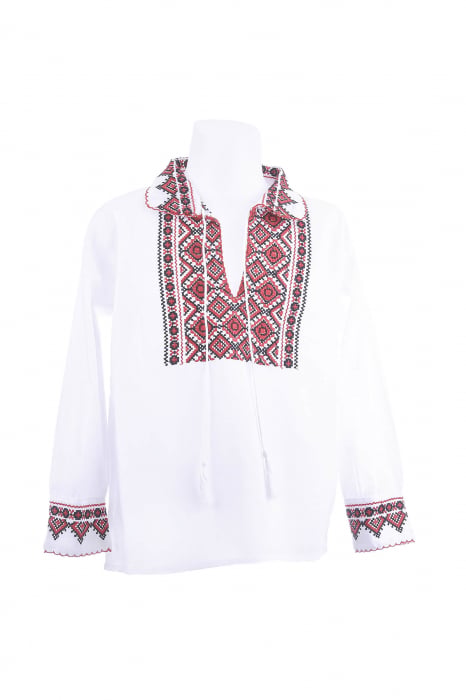 Camasa traditionala de baieti alba cu motiv geometric rosu Calin