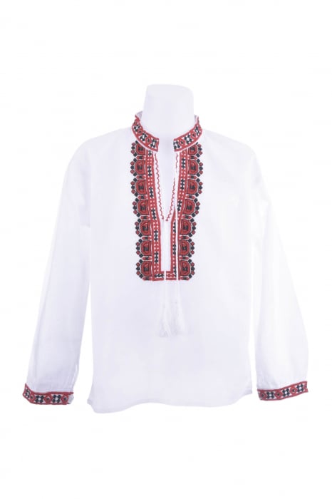 Camasa traditionala de baieti alba cu motiv geometric rosu Carol 02