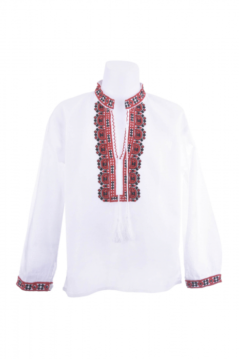 Camasa traditionala de baieti alba cu motiv geometric rosu Carol 02