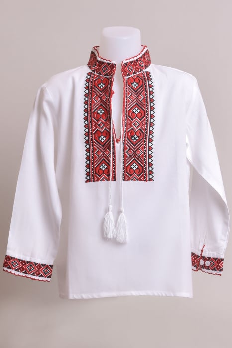 Camasa traditionala de baieti alba cu motiv geometric rosu Damian 01