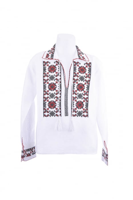 Camasa traditionala de baieti alba cu motiv geometric rosu Silviu 02
